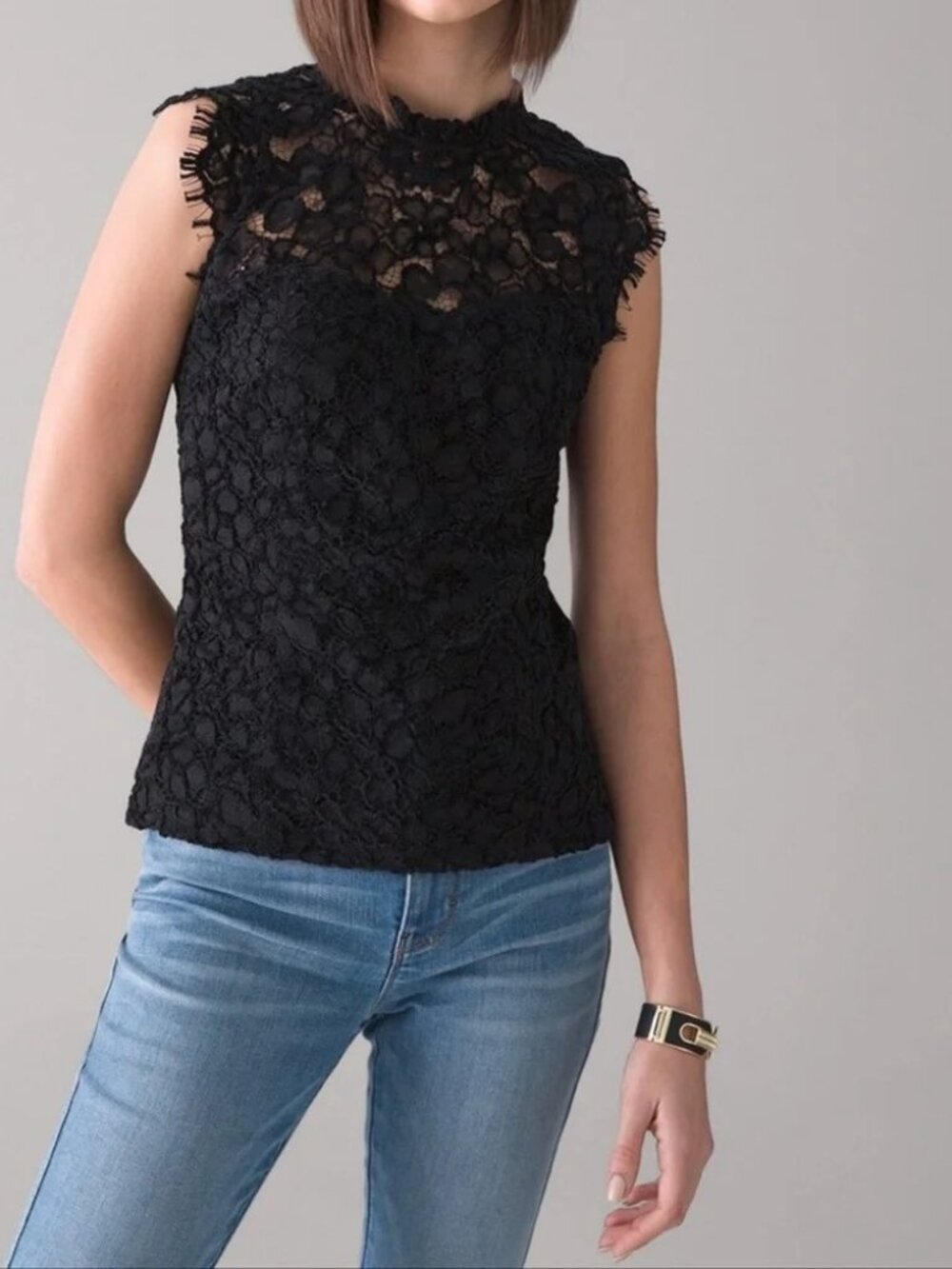 WHBM Sleeveless Lace High Neck Shell Black SUPER SOFT! Eyelash lace sleeve Sz 6 - Picture 2 of 13